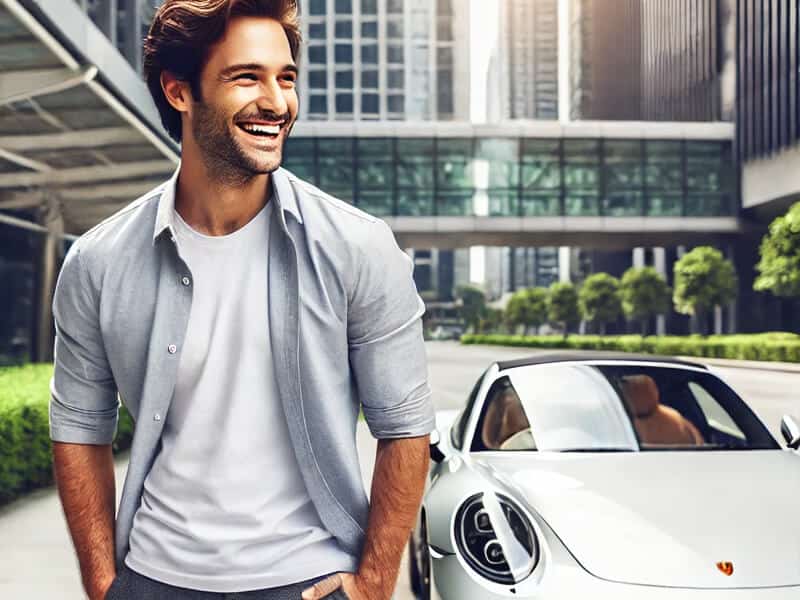 homem sorrindo com porshe na 444bet